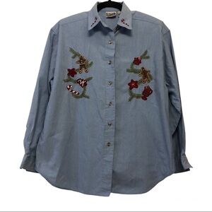 Falls Creek Vintage Christmas Holiday Blue Button Down Shirt